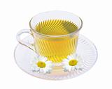 Herbal chamomile tea in glass cup isolated on white background