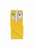 fork ,knife and spoon on yellow cloth isolated on white backgrou