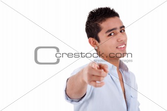young and happy latin man pointing, isolated on a white background, studio shot