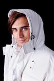 Portrait of a young man  wearing a white coat with hood , isolated on white. Studio shot