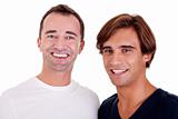 two casual men, smiling, isolated on white, studio shot