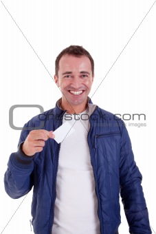 Portrait of a handsome man, with blank business card in hand, isolated on white background. Studio shot.