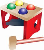A wooden kid toy with colorful balls and a hammer.