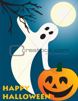 Halloween flying ghost and pumpkin scene