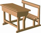 Illustration of a brown school like wooden desk with attached chair.