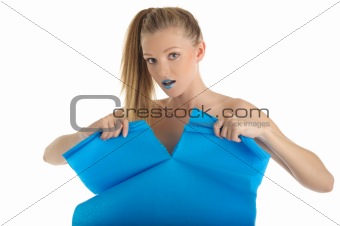 Young woman with blue sheet of paper