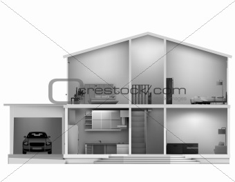 House cut with interiors. Vector
