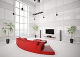White living room with red sofa interior 3d