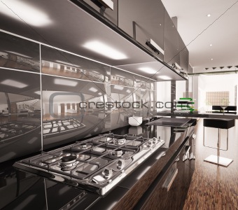 Interior of modern black kitchen 3d render