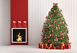 Christmas fir tree and fireplace 3d render