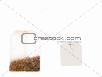 Tea bag with blank labek on a string
