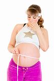 Surprised beautiful pregnant woman measuring her belly
