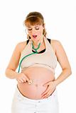 Surprised pregnant woman holding stethascope on her belly

