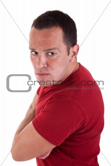 man standing, looking with contempt, isolated on white background. Studio shot.