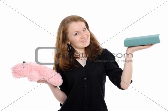 girl with book and teddy bear 