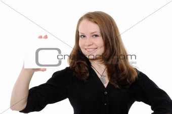 young woman holding empty white board