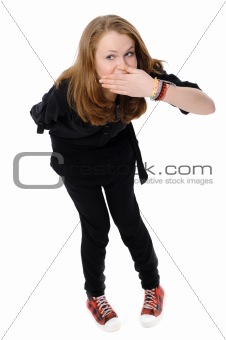 teenage girl with hand over mouth