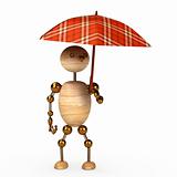 wood man under umbrella 3d rendered