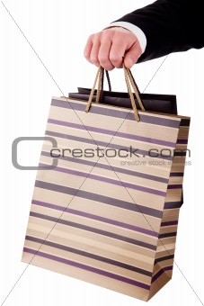 detail of a hand of a man doing shopping,with bags isolated over a white background. Studio shot.