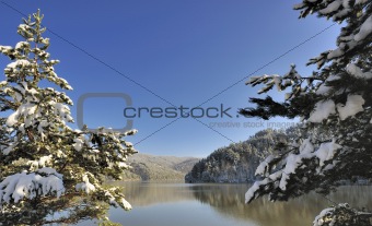 Mountain Snow Scene and lake