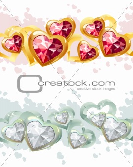 Gold and silver seamless borders made of hearts