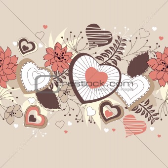 Seamless border with forest flowers and hearts
