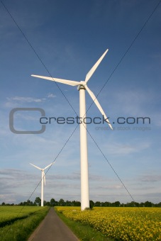 Wind farm with rape field and footpath