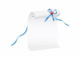 Scroll of white paper with a blue ribbon and red heart