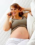 Smiling beautiful pregnant woman sitting on sofa and talking mobile phone.
