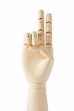 wooden dummy hand with two fingers up