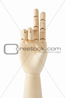 wooden dummy hand with two fingers up
