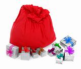 sack of Santa Claus and colorful gifts