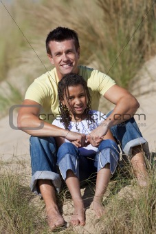 Man & Girl, Happy Father and Daughter Sitting At Beach