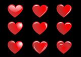 Red hearts on a black background, collection