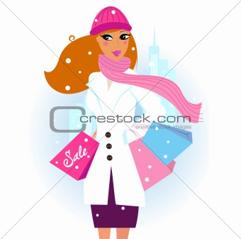 Winter shopping: Beautiful brown hair woman with pink shopping bags in the city
