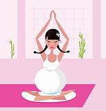 Pregnant woman practicing lotus asana sitting on pink yoga