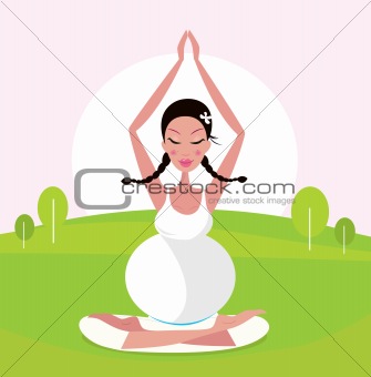 Wellness, yoga & nature: pregnant woman practicing asana in green park