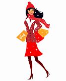 Winter shopping: Beautiful black hair woman in red costume on shopping
