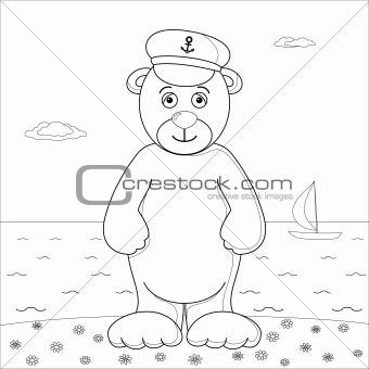 Teddy bear captain on sea coast, contour