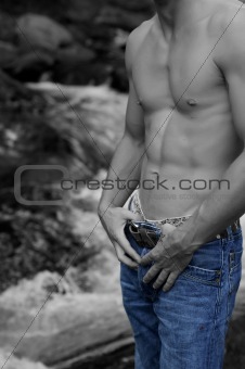 young man torso and blue jeans