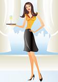 beautiful waitress in apron holding coctail in new york