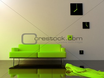 Interior - Green velvet sofa and time zone clock