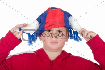 Dissatisfied boy in a fan helmet