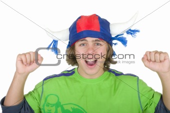 Happy teenager in a fan helmet