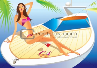 beautiful woman with bathing suit on the luxury yacht