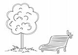 Bird, park bench, tree, contours