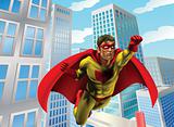 Superhero flying through city