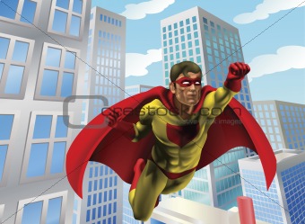 Superhero flying through city