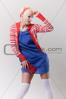 emotion pose blond girl in red woolly