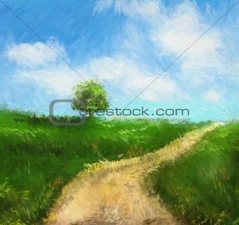 Digital painting of an idyllic country road